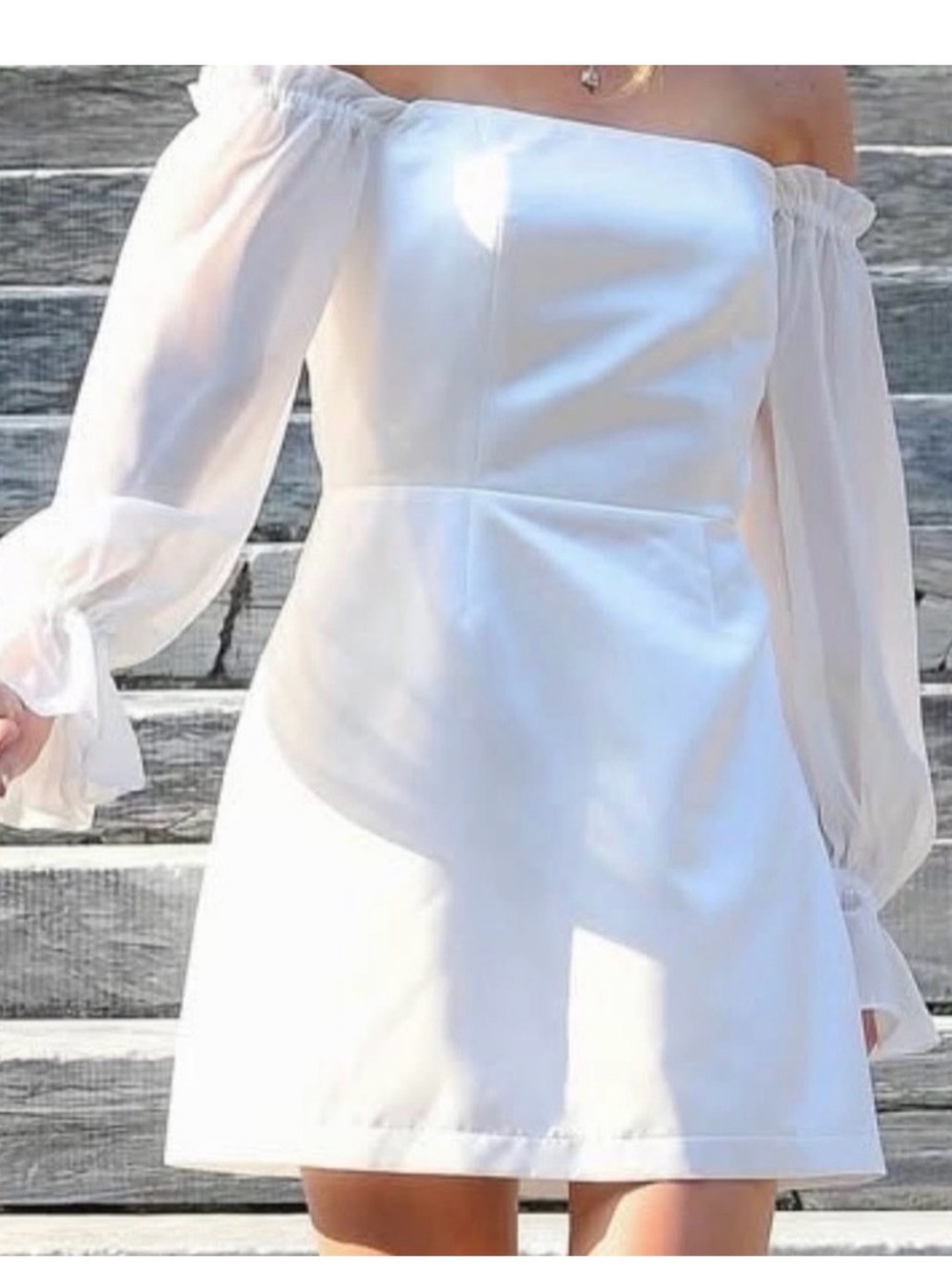 AP Boutique Off-Shoulder White Mini Dress with Sheer Balloon Sleeves Sz L NWOT